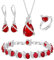 Clearine Hochzeit Schmuck-Set für die Braut Tropfenschliff Rubin-Rot Zirkonia Halskette Leverback Ohrringe Tennis Armband und einstellbare Ring Set Geschenk für Damen