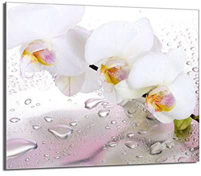 Herdabdeckplatte 60x52 Einteilig Glas Elektroherd Induktion Herdschutz Spritzschutz Glasplatte Deko Schneidebrett, Orchidee Weiß