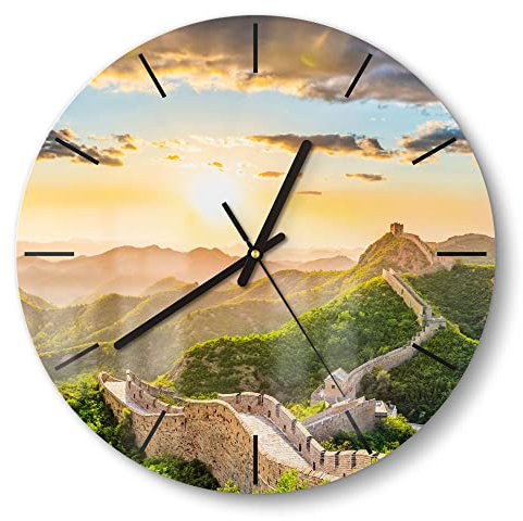 DEQORI Glasuhr | rund Ø 30 cm | Motiv Chinesische Mauer | ausgefallene leise Design Uhr aus Glas | Wanduhr für Wohnzimmer & Küche | Moderne Hingucker Uhr für die Wand