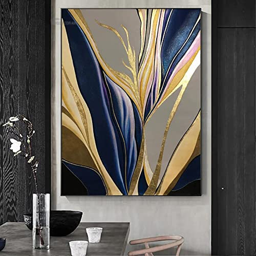 Feuille d'or Bleu Abstrait Noir Encadré Impressions Sur Toile Mur Art Peinture À L'huile De Luxe Mur Art Décor Peinture 55x110cm (22x43in) Avec Cadre