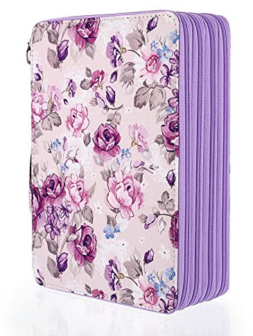 TOLIDA Federmäppchen 200 Slots mit Gezippt Große Stifthalter Federmappe Aufbewahrungbox Handlicher Multilayer Halter für Minen Buntstifte(Lila Blumen)