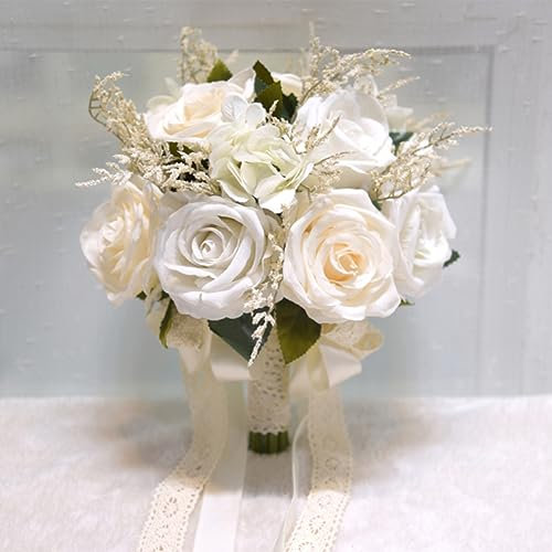 LESING Bouquets de mariée artificielles Faits à la Main – Bouquets de Mariage romantiques pour la mariée, Demoiselle d'honneur Tenant des Fleurs (Bouquet de Rose Blanc 1)