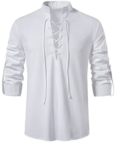 Fulidngzg Kleidung Herren Historische Leinen Hemd Cosplay Blanc Du Nil Kettenhemd Steampunk Römer Sommerhemd Sommer Langarm Leinenhemd Ohne Kragen 4XL Slim Fit Mittelalter Piratenkostüm