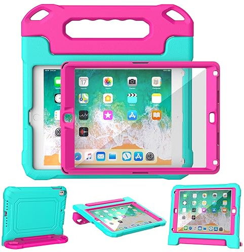 YIHE Kids Case for iPad 9.7 inch with Screen Protector, Shockproof Handle Convertible Stand Case for iPad 9.7 6th/5th Generation 2018/2017, iPad Air 2/1& iPad Pro 9.7, Cyan&Pink