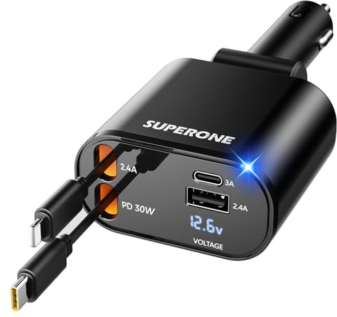 [Upgraded] SUPERONE Retractable Car Charger 4 in 1, Fast Car Phone Charger with Cord 2.6ft, USB C and Apple Car Adapter, Compatible with iPhone 17 16 15/15 Pro Max/14/13/12/11, Galaxy, Pixel