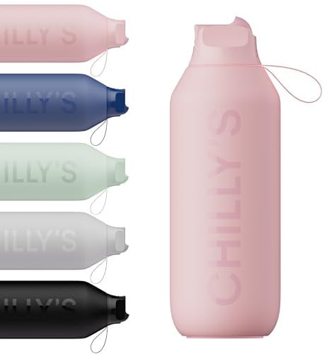 Chilly's Series 2 Flip Water Bottle with Sports Flip Lid, Telescopic Straw and Nylon Carry Loop - Easy Flip Lid, Straw Cleaning Brush Included - 500ml - Blush Pink