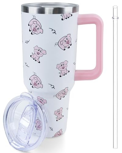 Lumumanber 40oz Pig Tumbler with Handle and Straw, Travel Mug Water Bottle, Stainless Steel Insulated Cup with Lid and Straw, Birthday Christmas Gifts