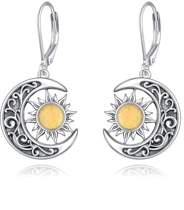 VONALA Sonne und Mond Ohrringe, 925er-Sterlingsilber, Halbmond-Ohrhänger, himmlische Sonne und Mond, Schmuck, Geschenk für Damen/Freunde/Familie, 33 x 15,2 mm, Gelb Opal-Ohrringe