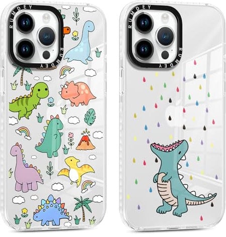 RUMDEY 2 Pack Cartoon Animals Pattern for iPhone 14 Pro Max 6.7 Phone Case, Cute Dinosaur Design Clear Cases Soft Silicone Slim TPU Shockproof Protective Fundas for Women Girls Kids