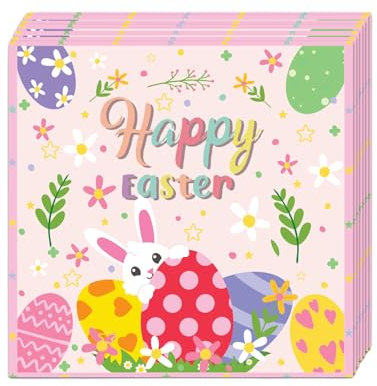 COSORO 20pcs Easter Party Napkins - Pink Bunny Eggs Pattern, Table Decorations for Luncheon & Dinner