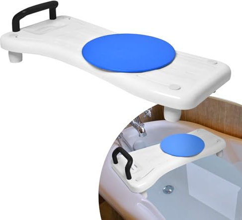 TRMLBE Badewannensitz Senioren Badewannenbrett mit Drehscheibe Kunststoff Weiß mit Seifenablage und Schwarz Griff Badebretter Sitzbrett Wannensitz 75cm für Badewanne Badezimmer, Tragkraft 150 kg
