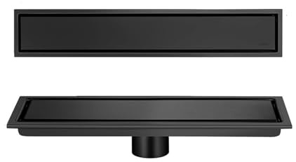 NJDQFA Edelstahl Duschrinne Komplettset,2 in 1 Befliesbar Duschrinne,Duschablauf Extra Flach Bodenablauf Mit Haarsieb,Zwischendrainage,Schwarz,10 * 40cm