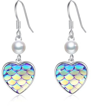 Herz Ohrringe Hängend 925 Sterling Silber Meerjungfrau Ohrringe mit Perle Lila Herz Ohrhänger Meerjungfrauenschuppen Schmuck für Mädchen Damen Kinder