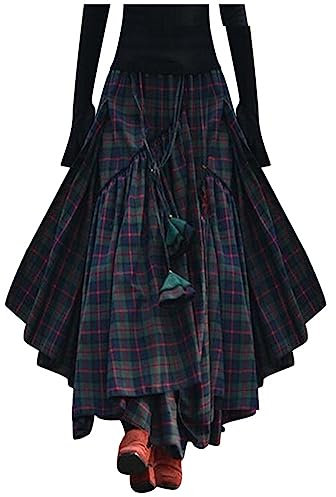 Röcke Damen Kariert Lange Tartan Retro Maxirock Hohe Taille Schottenkaro Ausgestellte Form Vintage Long Swing Skirts Elastische Taille Oktoberfestrock Karneval Kleid