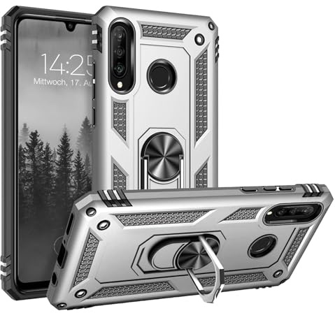 LBH Outdoor Hülle für Huawei P30 Lite Armor Militär Stoßfest Handyhülle 360 Grad Metal Ring Halter Ständer Schutzhülle für Handyhalterung Auto Magnet Silber