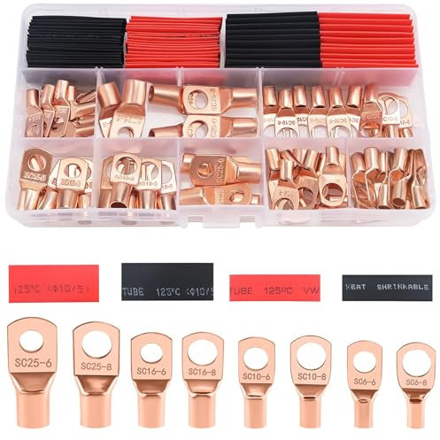 120 Pcs Ring Terminals Connectors Kit, Bolt Hole Tinned Copper Tube Terminals Set, Copper Ring Lug Terminals, Battery Cable Ends Terminals, Cable Lugs Ring Battery Terminal End Kit