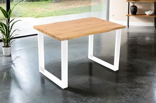 SAM Esstisch Josy 120x80 cm Holz Wildeiche-Optik U-Gestell weiß | 40 mm Tischplatte mit Baumkante, Metallgestell, Tisch für Esszimmer & Küche