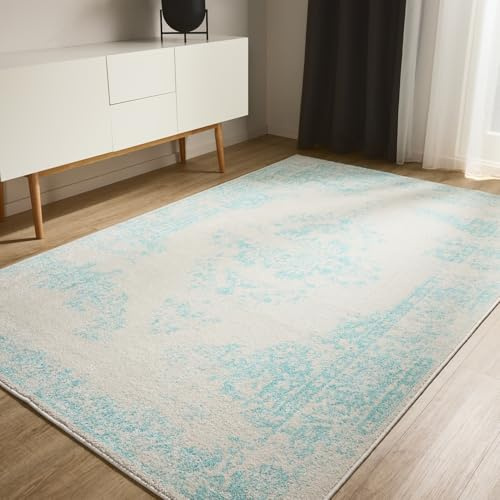 benuta Basic Teppich Sia - Creme/Türkis 80x150 cm - Kunstfaser - Rechteckig & im Style: Vintage, Boho-Style, Retro - Pflegeleicht für Wohnzimmer Schlafzimmer