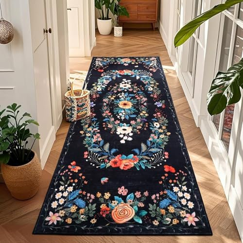 TUKDAK Tapis de couloir à poils longs antidérapant et lavable à poils longs style bohème pour cuisine, couloir, chambre à coucher, salon, buanderie - Motif floral - Noir - 80 x 200 cm