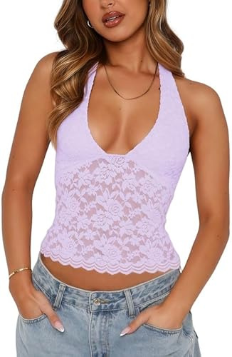 Sukiglam Canotte Donna Elegante Halter Top in Pizzo Estiva Senza Maniche con Scollo a V Canotta Corto Sexy Slim Fit Canottiera Y2K Gilet Schiena Scoperta Crop Tops per Party Discoteca Outfit