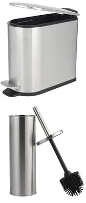 Beldray Toilet Brush & Bin Set – Antibacterial Treated Silicone Bristles with Closed-Top Design, 5 Litre Small Waste Bucket, Soft Closing Lid with Pedal, Space-Saving, Stainless Steel, Silver