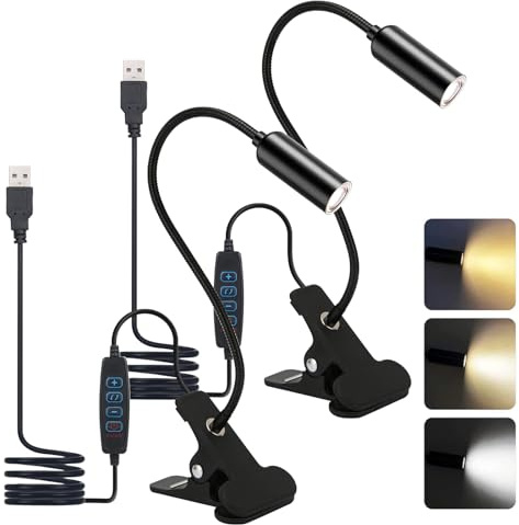 2 lámparas de sujeción con enchufe, lámpara de escritorio LED con abrazadera, lámpara de lectura para libros, lámpara de escritorio con interruptor de cable, abrazadera de cama, cuello de cisne