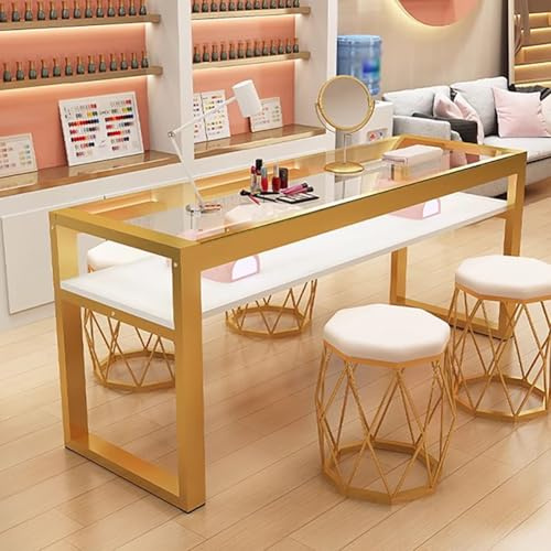 PA-DABAOO Manicure Table for Nail Tech with Glass Top,Nail Table Station with Open Shelf, Double Nail Table with Storage, Beauty Salon Workstation Decor,Reinforced Metal Frame,B