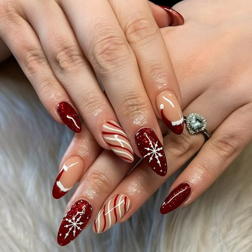 Festive Red & White Snowflake Candy Cane Press On Nails - Quick Stick On Short Almond Shape False Fake Nails For Women Holiday Christmas Manicure Kit With Cute Bow Stickers & Wraps