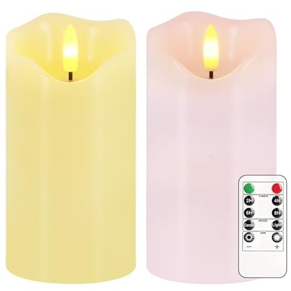 AVEKI Flameless Candle Light, Set of 2 6x3 Flickering Christmas Flameless Candles with Remote & Timer, Dimmable Real Wax Pillar Candles Battery Operated, Decor for Home Xmas (Pink Yellow)