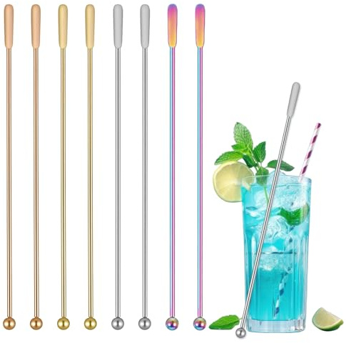 8 Pcs 7.7 Inches Stainless Steel Cocktail Stirrers, Coffee Beverage Stirring Spoons for Chocolate Milk Juices, Stir Sticks with Small Rectangular Paddles, Drink Stirrer Set for Bar and Home Use