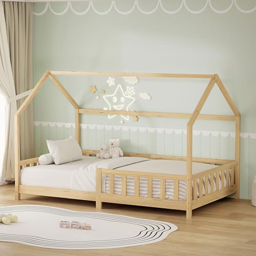 ML-Design Kinderbett Hausbett 120x200 cm mit Rausfallschutz, Dach & Lattenrost, Natur, Bettgestell aus massivem Kiefernholz, Montessori Bodenbett, Holzbett für Mädchen & Jungen, Jugendbett Doppelbett