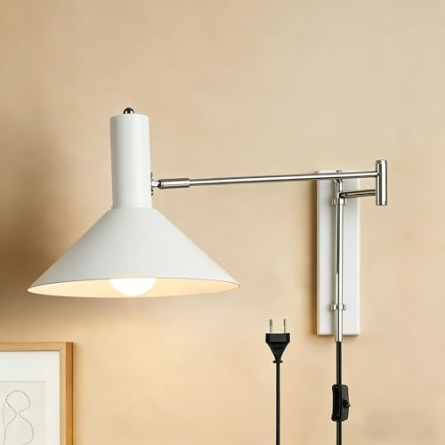 Sedtonmu E27 Retro Wandleuchte Verstellbarer Schwenkarm Wandlampe mit Schalter und Kabel Vintage Industrie Innenbeleuchtung Langer Arm Wand Leselampe mit Einstellbarer für Schlafzimmer Büro,Weiß