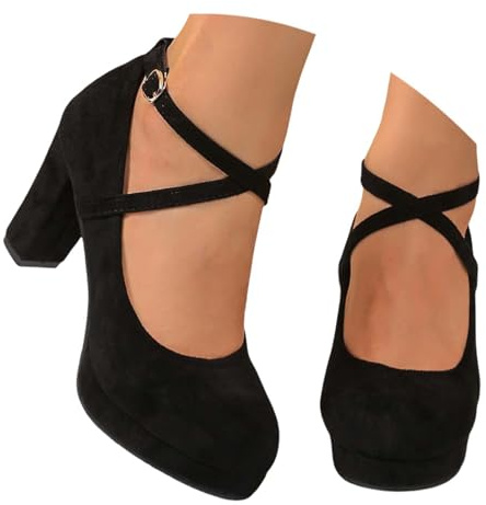 Women's High Heel Mary Jane Shoes Velour Dirndl Court Shoes with Adjustable Criss-Cross Strap, Classic Pointed Toe, Elegant Fancy Dress Dance Footwear for Oktoberfest, Wedding & Daily Black