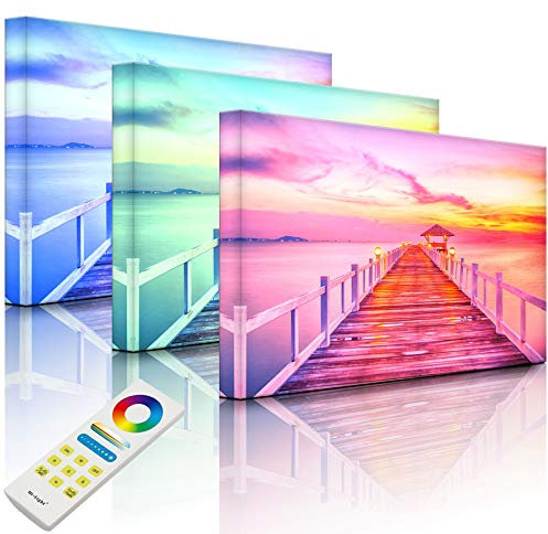 Lightbox-Multicolor | LED Wandbild | Steg ins Meer bei Sonnenuntergang | 60x40 cm | Fully Lighted