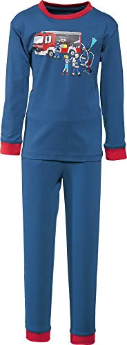 Erwin Müller Kinder-Schlafanzug, Pyjama Feuerwehr Single-Jersey Marine/rot Größe 134/140-100% Baumwolle, hautfreundlich, mit Rundumgummizug
