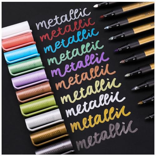 Sunshilor Metallic Marker Pens Medium Point Metallic Pens for Black Paper, Art Rock Painting, Halloween Pumpkin, Easter Egg, Ceramics, Wine Glass, Mug, Plastic, Wood, Scrapbook Crafts, 10 Colors
