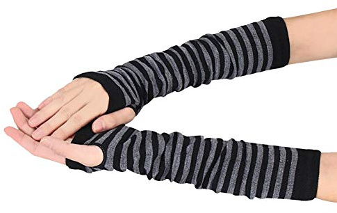 FSSTUD Knitted Stripe Long Fingerless Gloves Arm Warmer Thumb Hole Gloves for Ladies Girls Black-Grey