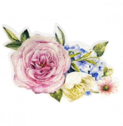 M & C Aufnäher Bügelbild Aufbügler Iron on Patches Applikation Blumenstrauß mit Hibiskus und Lilien 5,5 cm x 7 cm