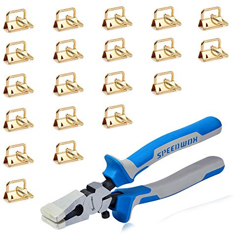 SPEEDWOX Key Fob Pliers and 20 Sets 1 Inch Key Fob Hardware with Keychain Split Rings Webbing Fabric Strapping Wristlet Golden Set Glass Breaking Pliers Tools with Rubber Tips