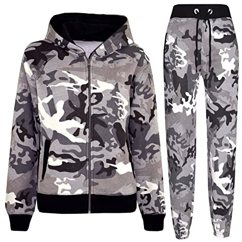 A2Z 4 Kids Girls Tracksuit Hooded Sweatshirt Camouflage Top Bottoms Comfortable - T.S A2Z Camo Charcoal 3-4