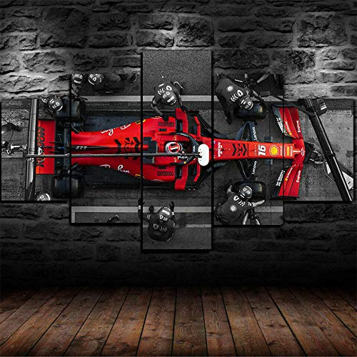 IIIUHU Leinwanddrucke Kreatives Geschenk 5 stück Leinwand Bilder Hd Drucke Poster abstrakt Charles Leclerc F1 Ferrari Boxenstopp Moderne Wandbilder XXL Wohnzimmer Wohnkultur