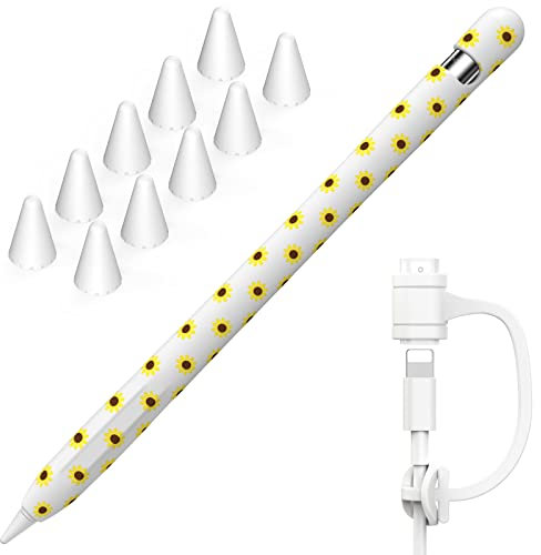 NIUTRENDZ Sunflower Case for Apple Pencil 1st Generation Case Cover Silicone Protective Sleeve Accessories with Apple Pencil Tips Cover & Cable Adapter Tether (White)