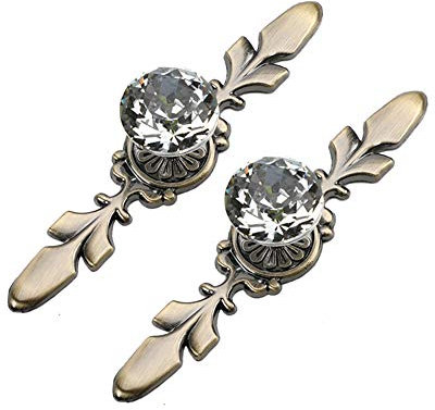 BOZONLI 2 Piezas Pomos de Cristal de Diamante para Armario y Cajones, Tiradores de Gabinete Con Placa de Bronce y Tornillos (120 mm)