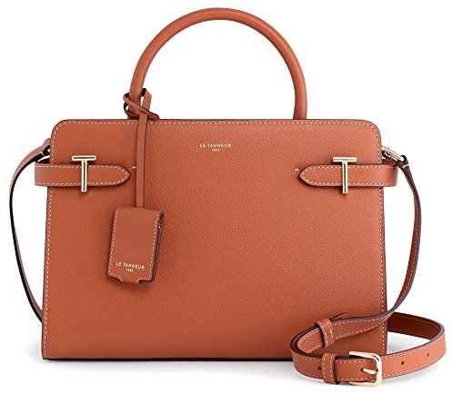 Le Tanneur, Sac à Main Moyen modèle, Sac bandoulière, en Cuir grainé, Emilie, Femme, 2 Poches Plates, 2 Poches zippées, Poche Plate arrière, bandoulière Ajustable et Amovible, t métalliques
