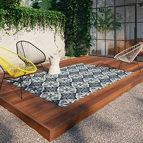 BALTA Tapis Exterieur, Tapis Tissé Plat idéal pour l'Extérieur sur la Terrasse ou à l'Intérieur dans Un Salon - Chambre, Tissage Mécanique Aspect Carreau de Ciment, Polypropylène, 80 x 150 cm, Bleu