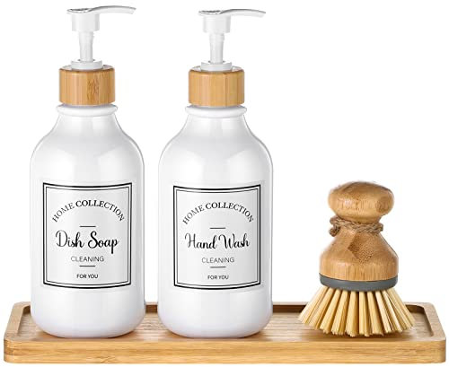 4-Piece Kitchen Soap Dispenser Set 16 oz With Bamboo Pump Tray and Brush - Bathroom Set With Waterproof Labels for Hand Soap, Dish, Lotion (White)