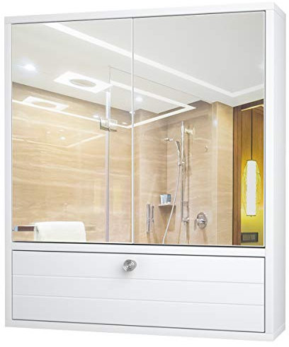 COSTWAY Bathroom Mirror Cabinet, Wall Mounted Storage Cupboard with Shelf, Home Kitchen Living Room Display Organiser Unit (Double Door + Compartment, White)