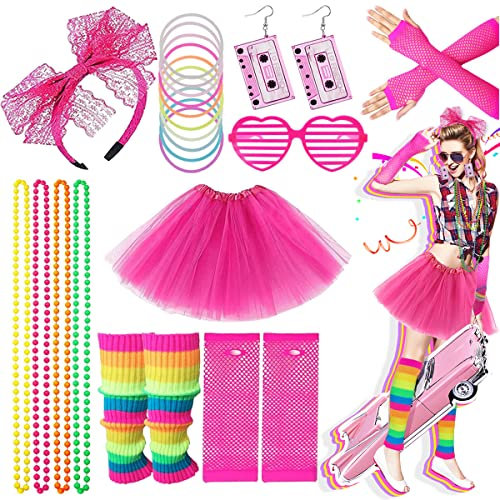 Ronilp 80s Fancy Dress for women,1980s Fancy Party Costume Accessories Neon Set, Tutu Skirt Rainbow Leg Warmers Neon Necklaces Bracelets Fishnet Gloves 80s Lace Bow Headband Tape Earrings Sunglasses