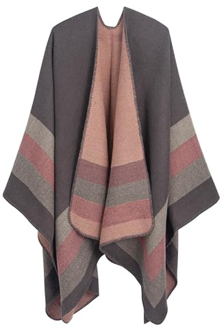 DiaryLook Ladies Printed Poncho Cape Reversible Oversized Shawl Wrap Open Front Cardigans for Women Pink/Brown