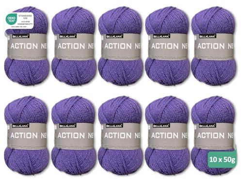 BellaLana Wolle Action New, Allzweckgarn, Stricken, 10x50gr, Lila | 100% Polyacryl-Garn, weich, angenehm & pflegeleicht - Lauflänge ca. 133m - Nadelstärke 3-4 - für Pullover, Schals, Decken